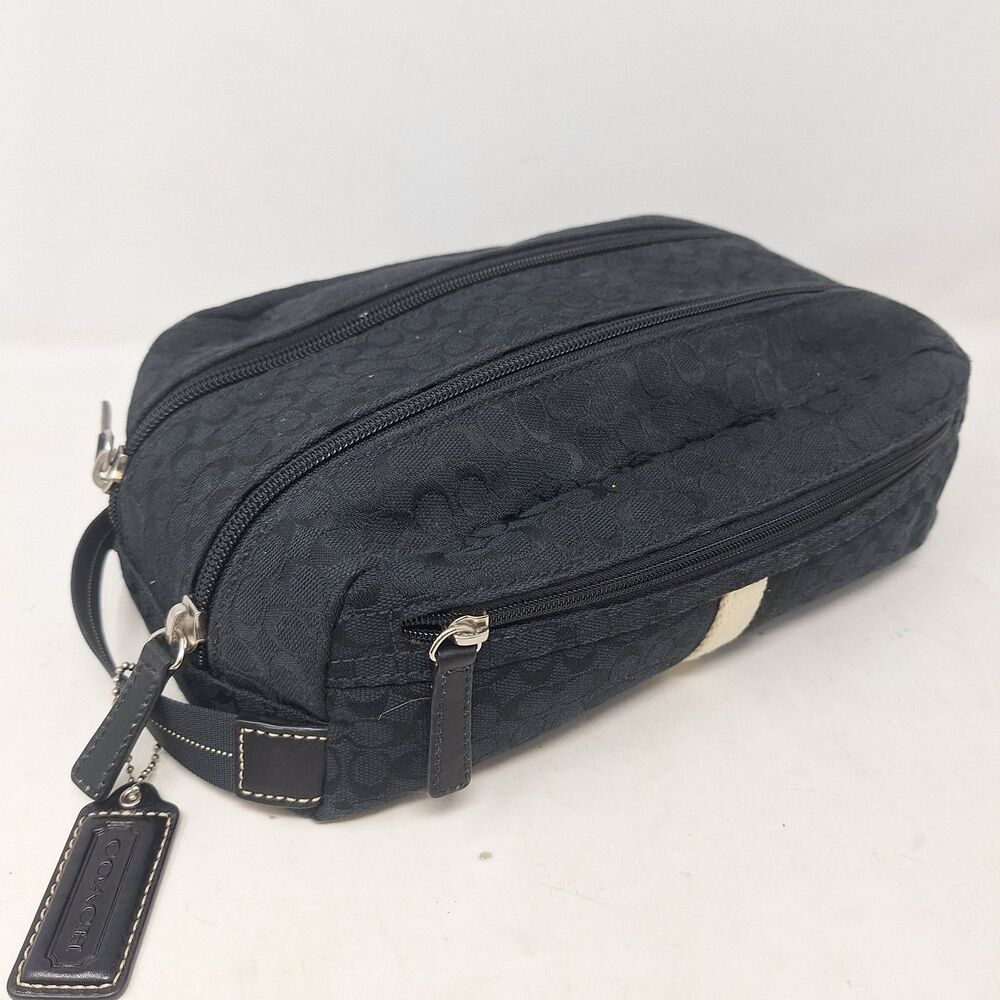 Coach Black Signature Jaquard Logo Canvas White Stripe Toiletry Bag Travel - Picture 9 of 9